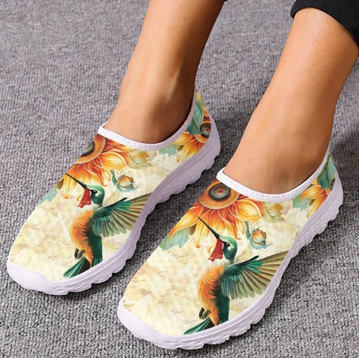 Women Shoes Tennis - Mokasyny z nadrukiem kolibra i słonecznika,