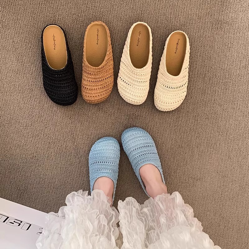 Mule Slip On - Damskie klapki z rafii, tkane, letnie,