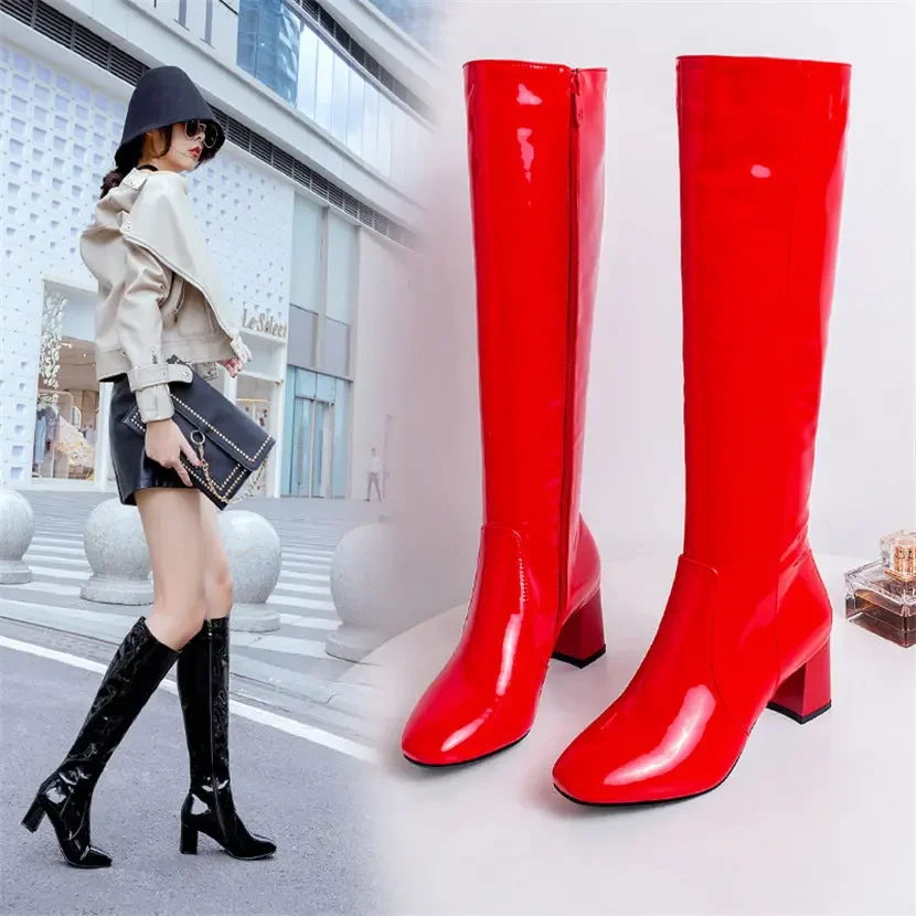Red White Patent Leather Women – Knee High Boots Women recenzja i cena