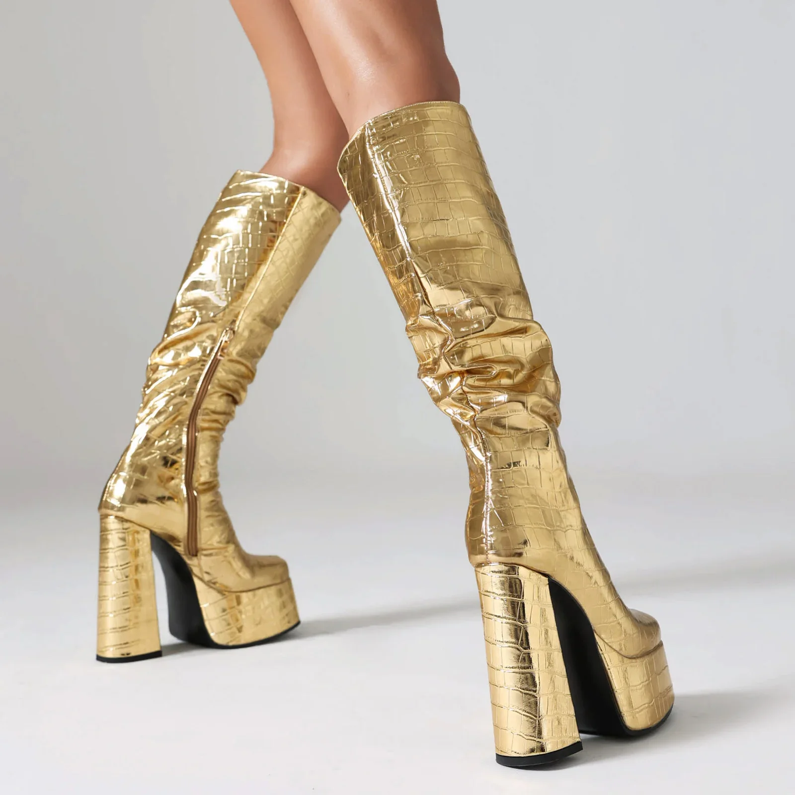Shiny Silver Women Pleated Pla – Knee High Boots Women recenzja i cena